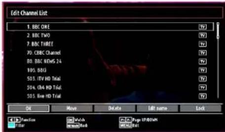 Edit Channel List 1. BBC ONE 2. BBC TWO 7. BBC THREE 70. CBC Channel 80. BBC RMS 24 105. BBI 503. ITV HD Trial 504. CH4 HD Trial 505. Live HD Trial OK Move Delete Edit name Lock Function Filter Match Action/Run Page 10/10/04 MOS/RTI