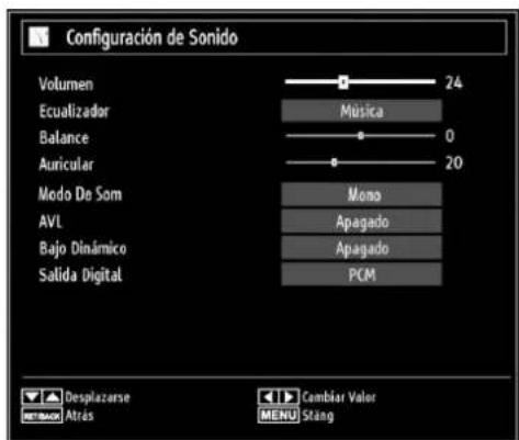 Configuración de Sonido Volumen 24 Ecualizador Música Balance 0 Auricular 20 Modo De Som Mono AVL Apagado Bajo Dinámico Apagado Salida Digital PCM Desplazarse Cambiar Valor Atrás MENU Stang