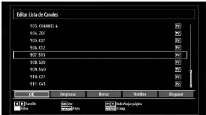 Editor Lista de Canales 903 CHANNEL 4 904.20F 905.C07 906.C12 907.S15 908.S20 909.S40 910.C21 911.C43 OK Despluzar Burnar Nombre Bloquear Funido Ver Subinquejar página Filtro Atidis MENU Slotang