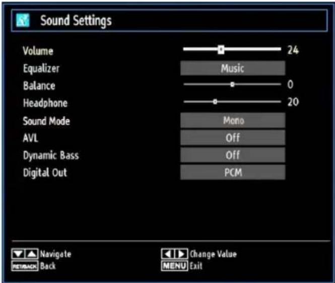 Sound Settings Volume 24 Equalizer Music Balance 0 Headphone 20 Sound Mode Mono AVL Off Dynamic Bass Off Digital Out PCM Navigate Back Change Value MENU Exit
