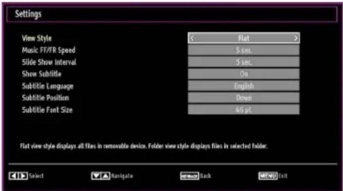 Settings View Style Music FT/FR Speed Slide Show Interval Show Subtitle Subtitle Language Subtitle Position Subtitle Font Size Flat view style displays all files in removable device. Folder view style displays files in selected folder. Flat view style displays all files in removable device. Folder view style displays files in selected folder. Select Navigate Back MF201 Exit