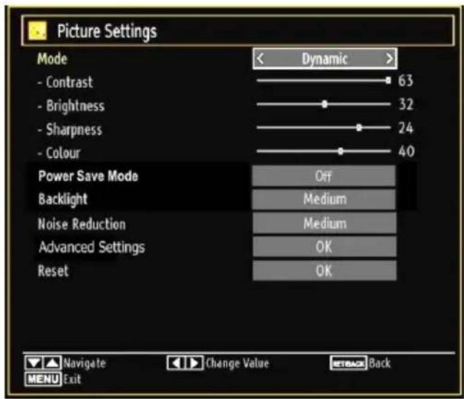 Picture Settings Mode - Contrast - Brightness - Sharpness - Colour Power Save Mode Backlight Noise Reduction Advanced Settings Reset < Dynamic > 63 32 24 40 Off Medium Medium OK OK Navigate Change Value ETBACK Back MENU Exit