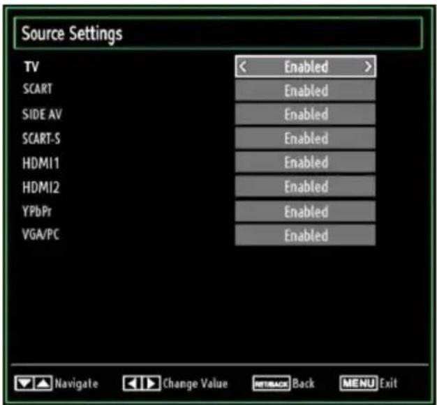 Source Settings TV SCART SIDE AV SCART-S HDMI1 HDMI2 YPbPr VGA/PC < Enabled > Enabled Enabled Enabled Enabled Enabled Enabled Enabled Navigate Change Value MTBACK Back MENU Exit