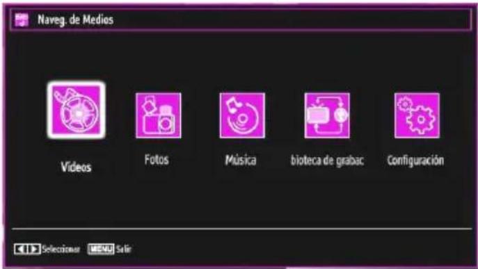 Naveg. de Medios Videos Fotos Música bioteca de grabac Configuración