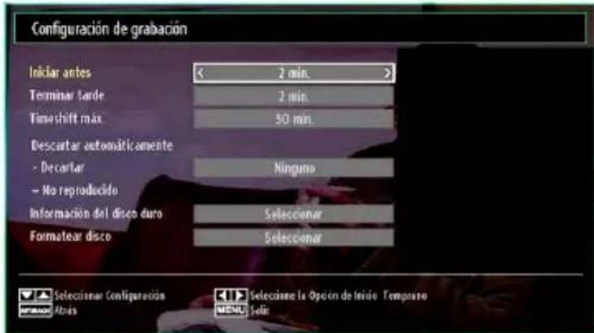 Configuración de grabación Iniciar antes 2 min. Terminar tarde 2 min. Timoshift máx 50 min. Descartar automáticamente - Decartar Ninguno - No reproducido Información del disco euro Seleccionar Formatear disco Seleccionar Seleccionar Configuración Sección la Opción de inicio Tempurado Abidas MENU Señir
