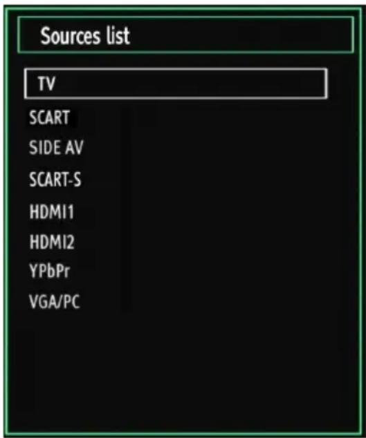 Sources list TV SCART SIDE AV SCART-S HDMI1 HDMI2 YPbPr VGA/PC