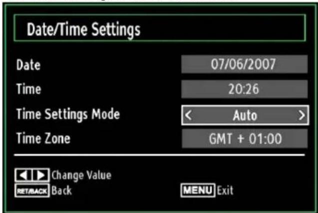 Date/Time Settings Date 07/06/2007 Time 20:26 Time Settings Mode < Auto > Time Zone GMT + 01:00 Change Value RET/BACK Back MENU Exit
