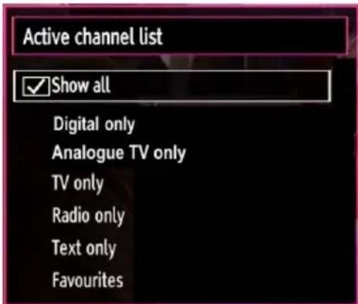 Active channel list ✓Show all Digital only Analogue TV only TV only Radio only Text only Favourites