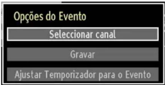 Opções do Evento Seleccionar canal Gravar Ajustar Temporizador para o Evento