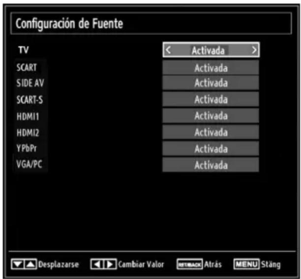 Configuración de Fuente TV < Activada > SCART Activada SIDE AV Activada SCART-S Activada HDMI1 Activada HDMI2 Activada YPbPr Activada VGA/PC Activada Desplazarse Cambiar Valor RETBACK Atrás MENU Stäng