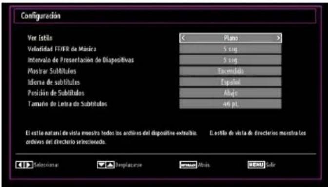 Configuración Vee Estilo Plano Velodidad FE/FR de Música 5 seg. Intervalo de Presentación de Dispositivas 5 seg. Mostrar Subtitutos Escendido Informe de subtitutos Español Posición de Subtitutos Abajo Tamaño de Letra de Subtitutos 46 pt. El estilo natural de vista muestra todos los archivos del dispositivo extraible. D.estilla de vista de directerios muestra los archives del directorio seleccionado. El estilla natural de vista muestra todos los archivos del dispositivo extraible. D.estilla de vista de directerios muestra los archives del directorio seleccionado. Selecomar Desplacarse Abajo MENU Color