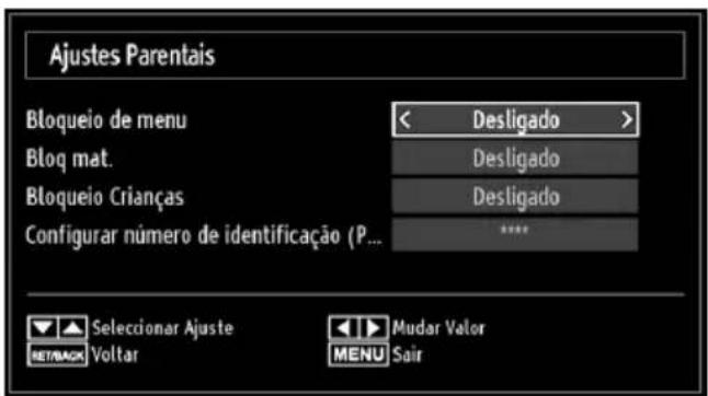 Ajustes Parentais Bloqueio de menu < Desligado > Bloq mat. Desligado Bloqueio Crianças Desligado Configurar número de identificação (P... **** Seleccionar Ajuste Voltar Mudar Valor MENU Sair