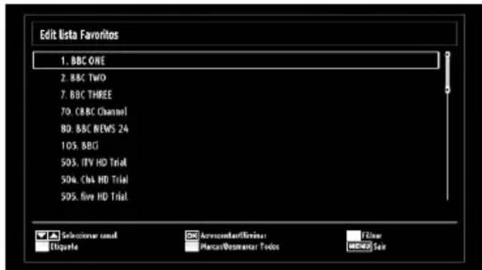 Edit lista Favoritos 1. BBC ONE 2. BBC TWO 7. BBC THREE 70. CBC Channel 80. BBC NEWS 24 105. BBC 505. ITV HD Trial 504. CTA HD Trial 505. Five HD Trial Selectioner canal Etiquote Avrescentar/Etiriner Marcas/Desmarcer Fodos FLinear NEW Date
