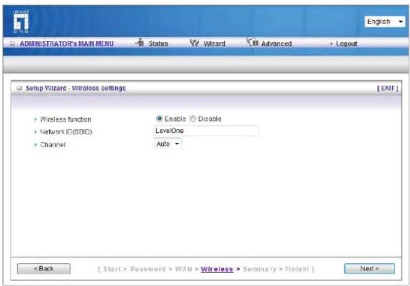 Setup Wizard - Wireless settings • Wireless function • Network ID(SSID) • Channel Enable Disable LevelOne Auto < Back [ Start > Password > WAN > Wireless > Summary > Finish! ] Ned >