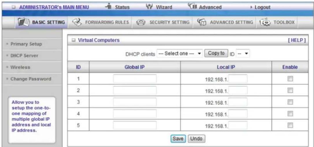 ADMINISTRATOR's MAIN MENU Status Wizard Advanced Logout BASIC SETTING FORWARDING RULES SECURITY SETTING ADVANCED SETTING TOOLBOX Primary Setup DHCP Server Wireless Change Password Allow you to setup the one-to-one mapping of multiple global IP address and local IP address. Virtual Computers [HELP] DHCP clients --- Select one --- Copy to ID -- ID Global IP Local IP Enable 1 192.168.1. 2 192.168.1. 3 192.168.1. 4 192.168.1. 5 192.168.1. Save Undo
