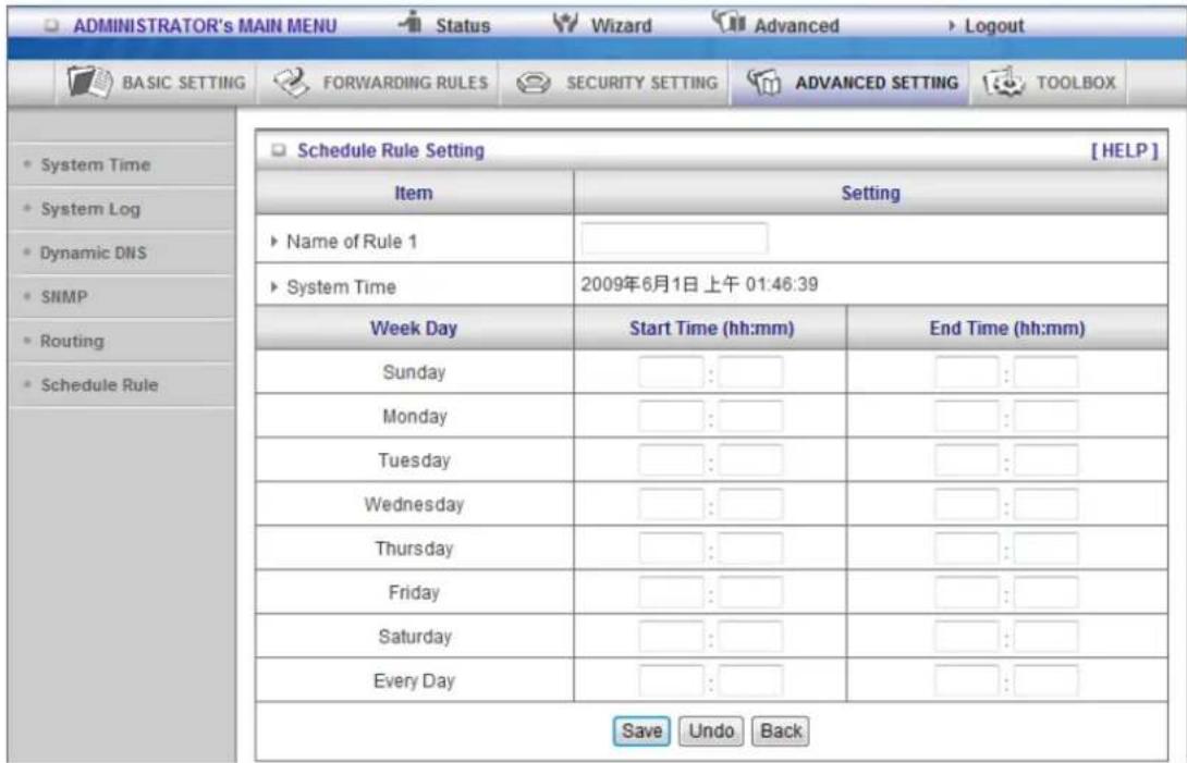ADMINISTRATOR's MAIN MENU Status Wizard Advanced Logout BASIC SETTING FORWARDING RULES SECURITY SETTING ADVANCED SETTING TOOLBOX Schedule Rule Setting [HELP] Item Setting Name of Rule 1 System Time 2009年6月1日上午 01:46:39 Week Day Start Time (hh:mm) End Time (hh:mm) Sunday : : : Monday : : : Tuesday : : : Wednesday : : : Thursday : : : Friday : : : Saturday : : : Every Day : : : Save Undo Back