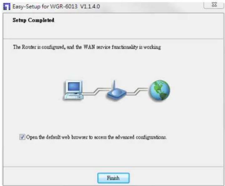 Easy-Setup for WGR-6013 V1.1.4.0 Setup Completed The Router is configured, and the WAN service functionality is working Open the default web browser to access the advanced configurations. Finish