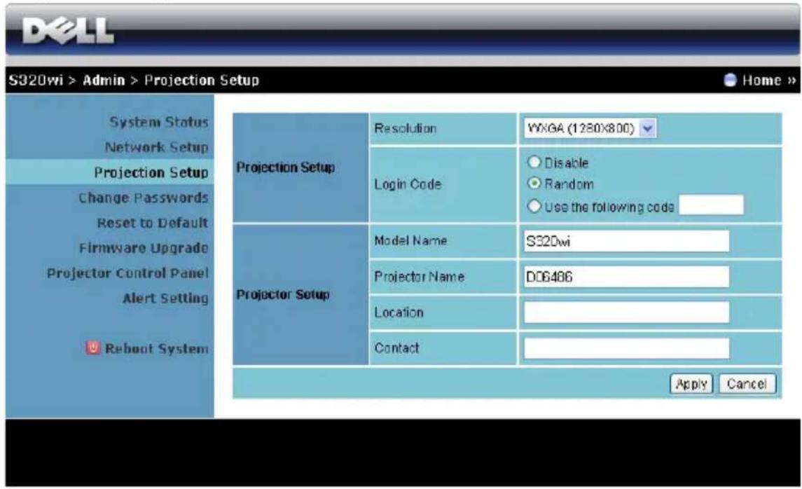 S320wi > Admin > Projection Setup System Status Network Setup Projection Setup Change Passwords Reset to Default Firmware Upgrade Projector Control Panel Alert Setting Reboot System Projection Setup Resolution WXGA (1280X800) Login Code Disable Random Use the following code Projector Setup Model Name S320wi Projector Name D06486 Location Contact Apply Cancel