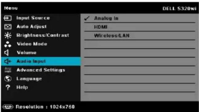 Menu DELL S320wi Input Source Auto Adjust Brightness/Contrast Video Mode Volume Audio Input Advanced Settings Language Help Analog In HDMI Wireless/LAN Resolution : 1024x768