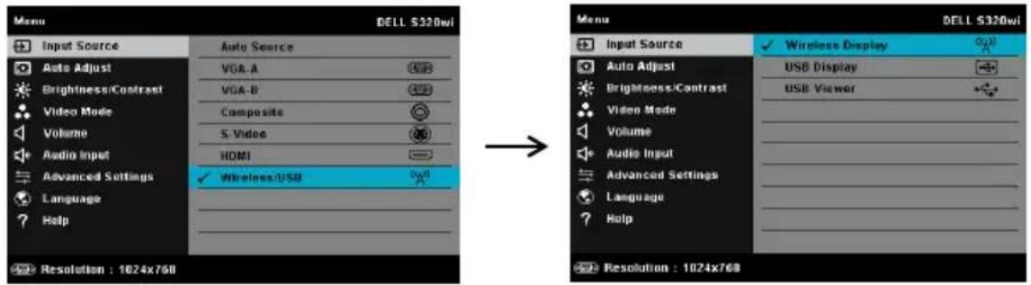 Menu DELL S320wi Input Source Auto Source Auto Adjust VGA-A VGA-B Composito S-Video HDMI Advanced Settings Language Help Resolution : 1024x768 → Windows/USB Wireless Display USB Display USB Viewer Audio Input Advanced Settings Language Help Resolution : 1024x768 DELL S320wi