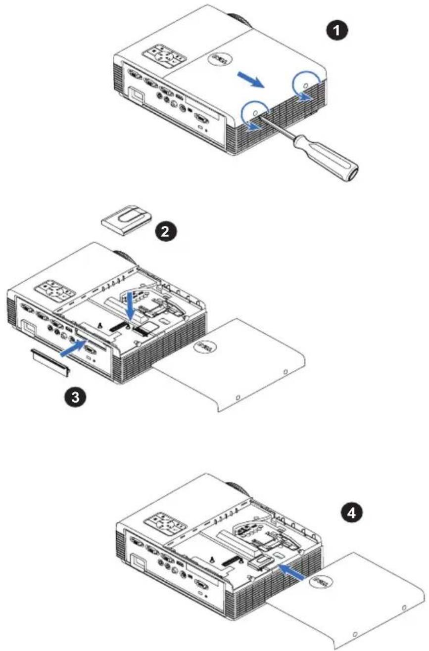 Technical diagram showing four steps of an electronic device's internal components, labeled 1 to 4.