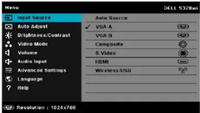 Menu DELL S320wi Input Source Auto Source Auto Adjust VGA A Brightness/Contrast VGA B Video Mode Composite Volume S-Video Audio Input HDMI Advanced Settings Wireless/USB Language Help Resolution : 1024x768