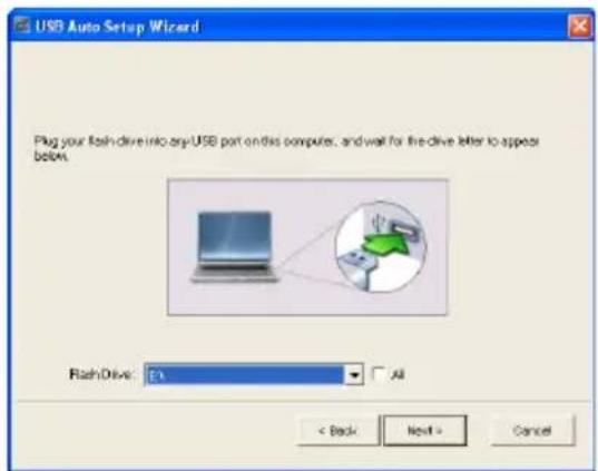 USB Auto Setup Wizard Plug your flash drive into any USB port on this computer, and wait for the drive letter to appear below. FlashDrive: 13 All < Back Next > Cancel