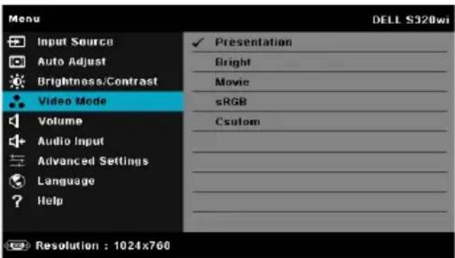 Menu DELL S320wi Input Source Auto Adjust Brightness/Contrast Video Mode Volume Audio Input Advanced Settings Language Help Presentation Bright Movie sRGB Csumom Resolution : 1024x760