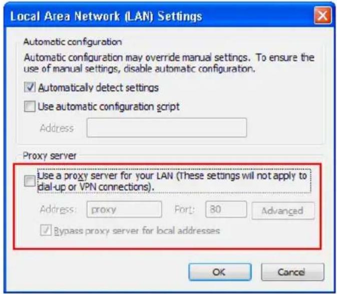 Local Area Network (LAN) Settings Automatic configuration Automatic configuration may override manual settings. To ensure the use of manual settings, disable automatic configuration. ✓ Automatically detect settings ☐ Use automatic configuration script Address Proxy server ☐ Use a proxy server for your LAN (These settings will not apply to dial-up or VPN connections). Address: proxy Port: 80 Advanced ✓ Bypass proxy server for local addresses OK Cancel