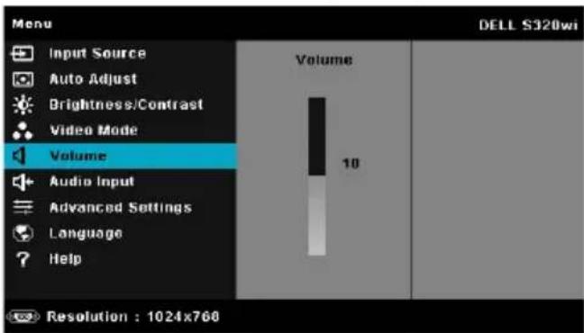 Menu Input Source Auto Adjust Brightness/Contrast Video Mode Volume Audio Input Advanced Settings Language Help Volume 10 Resolution : 1024x768 DELL S320wi