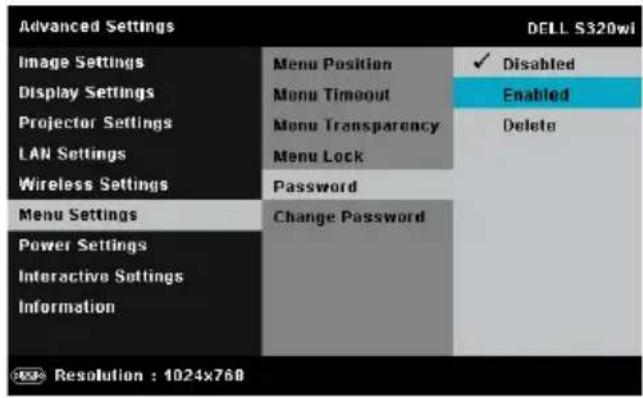 Advanced Settings DELL S320wi Image Settings Display Settings Projector Settings LAN Settings Wireless Settings Menu Settings Power Settings Interactive Settings Information Menu Position Menu Timeout Menu Transparency Menu Lock Password Change Password ✓ Disabled Enabled Delete Resolution : 1024x768