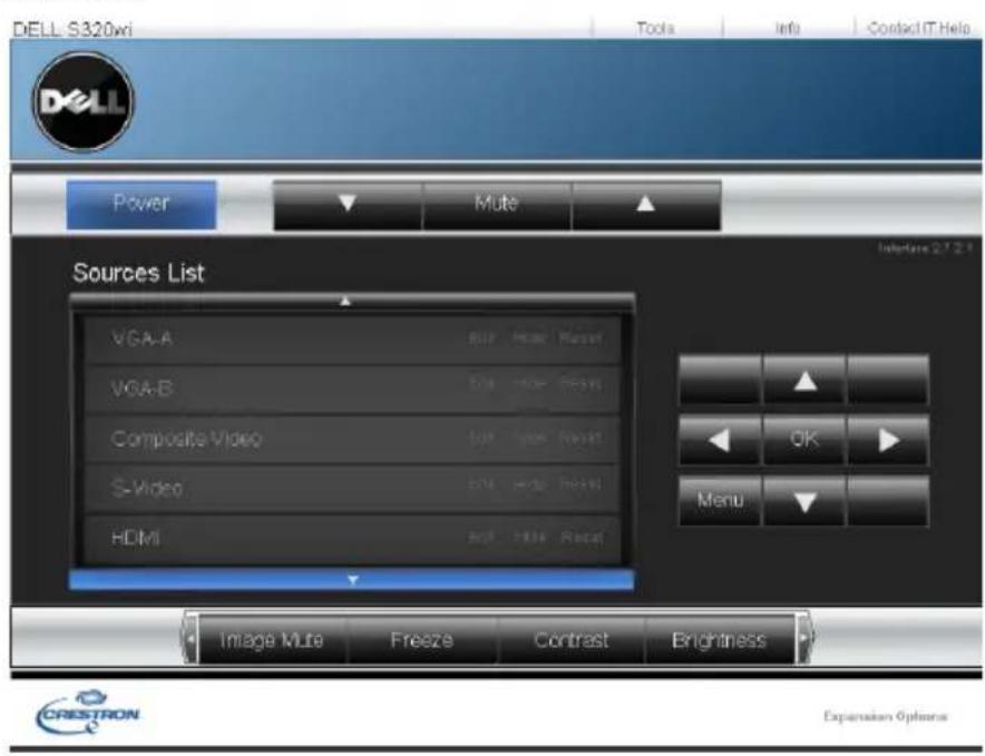 DELL S320x7 Tools Info Contact IT Help Power Mute Sources List VGA-A BUP Hue Reset VGA-B DIN HUE Reset Composite Video S-Video SIN HUE Reset HDMI BUT HUE Reset Interface 2.7.2.1 OK Menu Image Mute Freeze Contrast Brightness CRESTRON Expansion Options