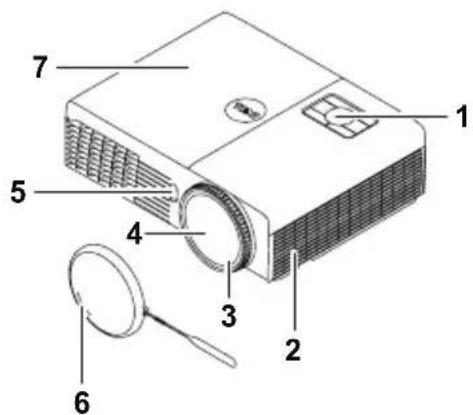 Labeled diagram of a projector with numbered parts for identification and assembly reference.