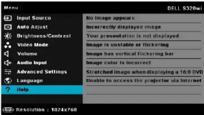 Menu DELL S320wi Input Source Auto Adjust Brightness/Contrast Video Mode Volume Audio Input Advanced Settings Language ? Help No image appears Incorrectly displayed image Your presentation is not displayed Image is unstable or flickering Image has vertical flickering bar Image color is incorrect Stretched image when displaying a 16:9 DVD Unable to access the projector via Internet Resolution : 1024x768