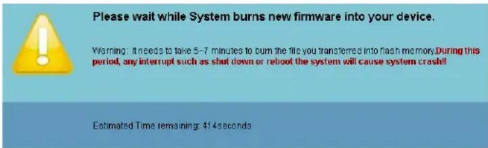 Please wait while System burns new firmware into your device. Warning: It needs to take 5-7 minutes to burn the file you transferred into flash memory. During this period, any interrupt such as shut down or reboot the system will cause system crash!! Estimated Time remaining: 41.4 seconds