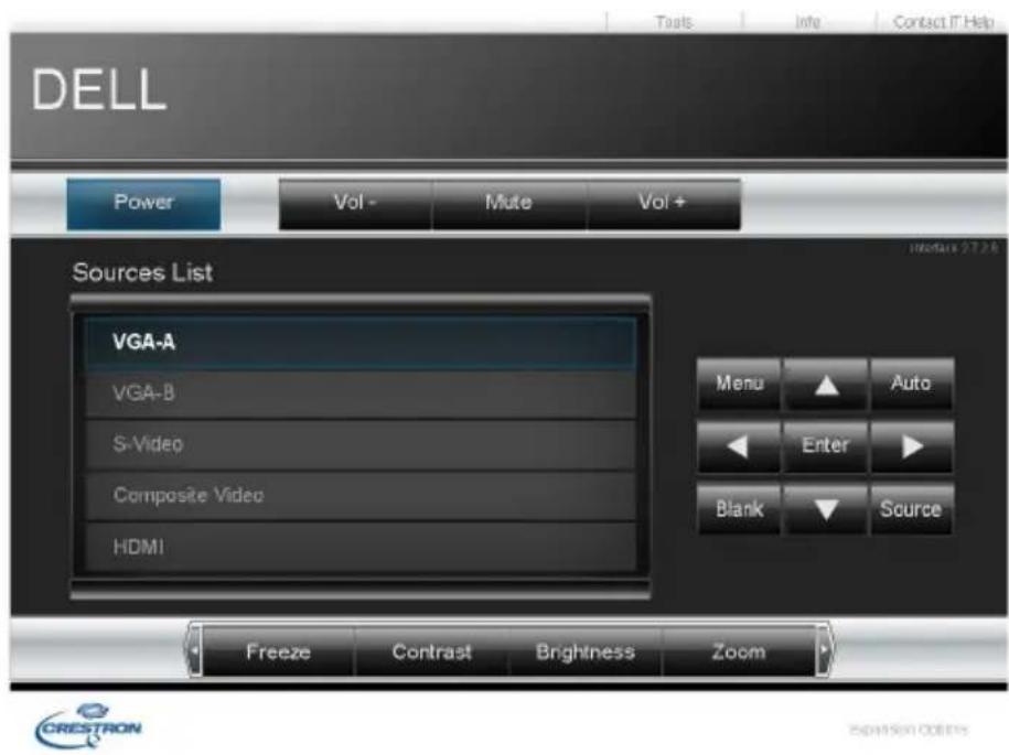 DELL Power Vol - Mute Vol + Sources List VGA-A VGA-B S-Video Composite Video HDMI Menu ▲ Auto ◀ Enter ► Blank ▼ Source Freeze Contrast Brightness Zoom CRESTRON