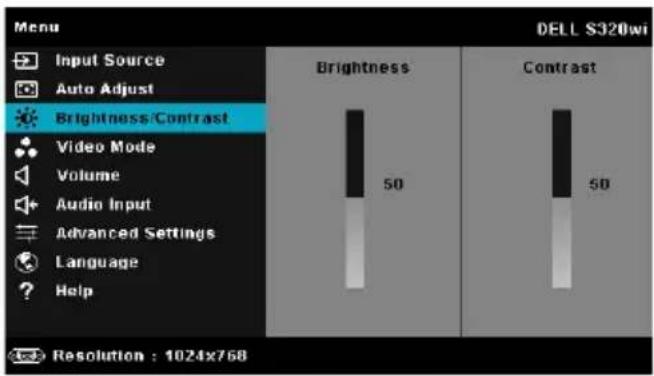 Menu Input Source Auto Adjust Brightness/Contrast Video Mode Volume Audio Input Advanced Settings Language Help Brightness 50 Contrast 50 Resolution : 1024x768 DELL S320wi