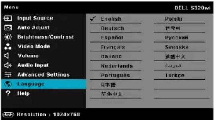 Menu DELL S320wi Input Source Auto Adjust Brightness/Contrast Video Mode Volume Audio Input Advanced Settings Language Help English Deutsch Español Français Italiano Nederlands Português 日本語 简体中文 Polski 한국미 Русский Svenska 漢盛中文 Turkçe Resolution : 1024x768
