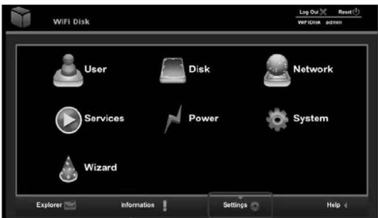 WiFi Disk Log Out Reset WiFi Disk admin User Disk Network Services Power System Wizard Explorer Information Settings Help