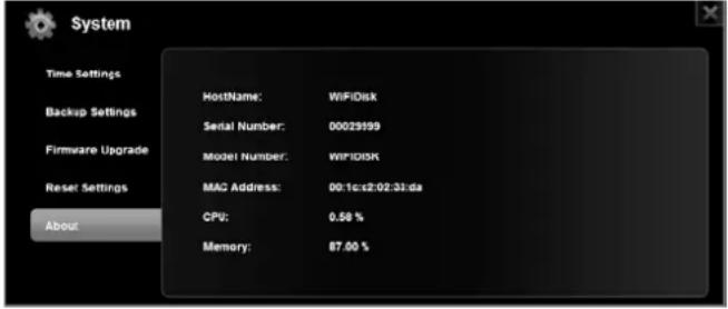 System Time Settings Backup Settings Firmware Upgrade Reset Settings About Hostname: WiFiDisk Serial Number: 00029199 Model Number: WiFiDisk MAG Address: 00:1c:e2:02:31:da CPU: 0.58 % Memory: 87.00 %