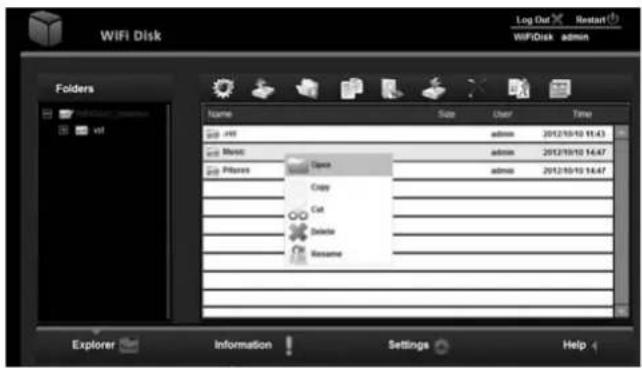 WiFi Disk Log Out Restart WiFiDisk admin Folders Name Size User Time PDF admin 2012/10/10 11:43 Music admin 2012/10/10 14:47 Profiles admin 2012/10/10 16:47 Copy Cut Delete Rename Explorer Information Settings Help