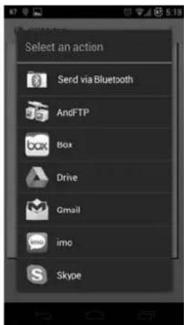 Select an action Send via Bluetooth AndFTP Box Drive Gmail imo Skype