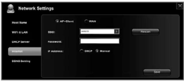 Network Settings Host Name AP-Client WAN WiFi & LAN SOLID: ARELL Password: Internet IP Address: DHCP Manual DND Setting Rescan Save
