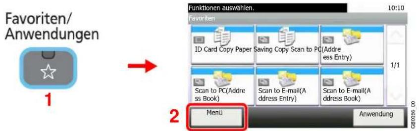 Favoriten/ Anwendungen 1 2 Funktionen auswahlen. 10:10 Favoriten ID Card Copy Paper Saving Copy Scan to PC(Address Entry) Scan to PC(Address Book) Scan to E-mail(Address Entry) Scan to E-mail(Address Book) 1/1 Menu Anwendung GB0056 00