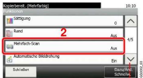 Kopierbereit. (Mehrfarbig) 10:10 Funktionen Sättigung 0 Rand Aus 4/5 Mehrfach-Scan Aus Automatische Bildrehung Ein Schließen Dazu/And. Schnellw. G0302 03