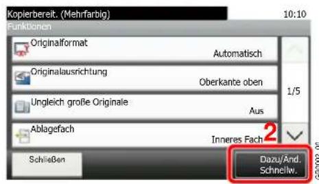 Kopierbereit. (Mehrfarbig) 10:10 Funktionen Originalformat Automatisch Originalausrichtung Oberkante oben 1/5 Ungleich große Originale Aus Ablagefach Inneres Fach Schließen Dazu/And. Schnelw.