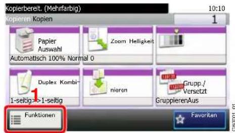 Kopierbereit. (Mehrfarbig) 10:10 1 Kopieren. Kopien Papier Auswahl Automatisch 100% Normal 0 Zoom Helligkeit Duplex Kombi- 1-seibig->1-seitig nieren Grupp./ Versetzt GruppierenAus Funktionen Favorite