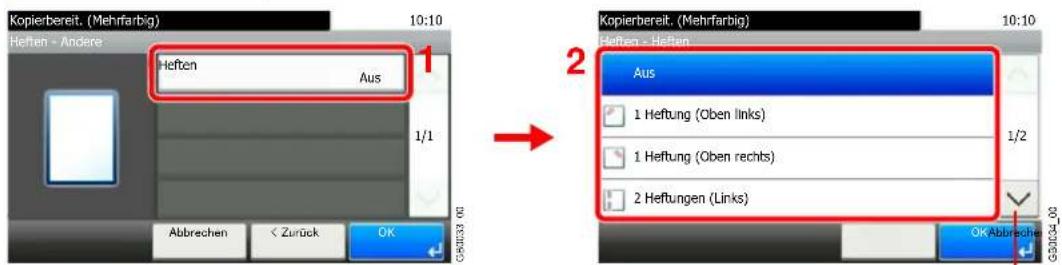 Kopierbereit. (Mehrfarbig) 10:10 Heften - Andere Heften Aus 1/1 Abbrechen < Zurück OK 2 Kopierbereit. (Mehrfarbig) 10:10 Heften - Heften Aus 1 Heftung (Oben links) 1 Heftung (Oben rechts) 2 Heftungen (Links) OK Abbrevche