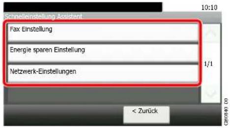Schnelleinstellung Assistent Fax Einstellung Energie sparen Einstellung Netzwerk-Einstellungen 1/1 < Zurück