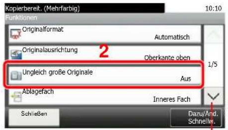 Kopierbereit. (Mehrfarbig) 10:10 Funktionen Originalformat Automatisch Originalausrichtung Oberkante oben 2 1/5 Ungleich große Originale Aus Ablagefach Inneres Fach Schließen Dazu/And. Schneliv.
